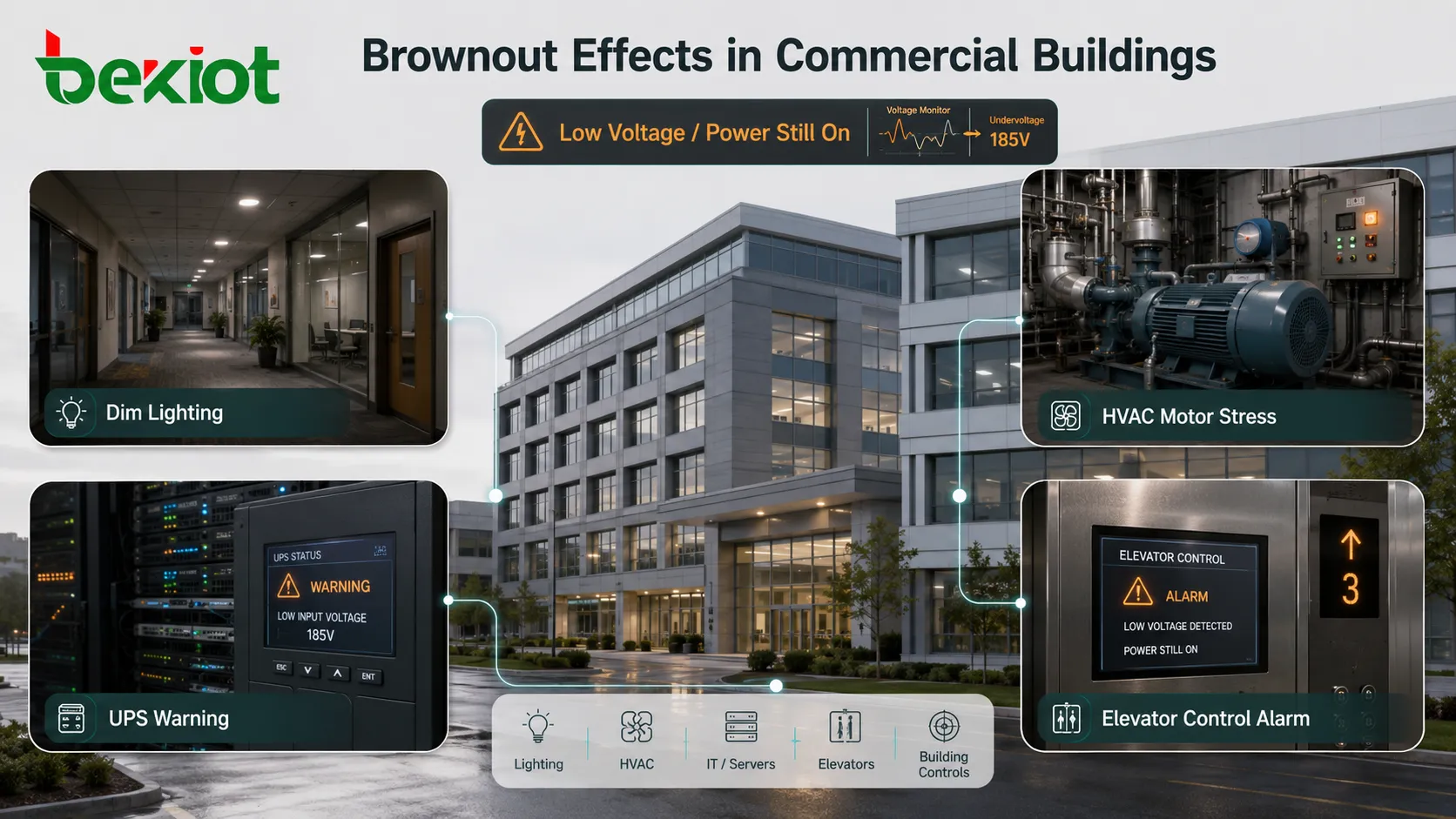 Efeitos de brownout em prédio comercial com iluminação LED fraca esforço em motor HVAC alerta do UPS e alarme de controle de elevador
