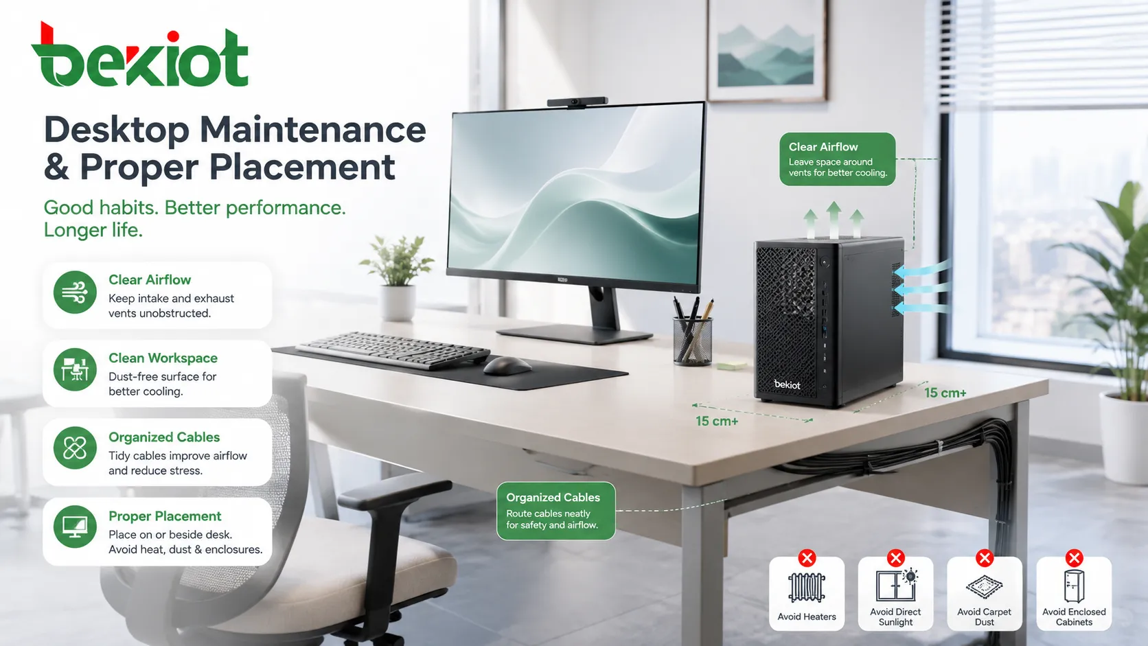 Manutenção do formato de computador de mesa mostrando estação de trabalho limpa folga para ventilação organização de cabos e mesa de escritório sem poeira
