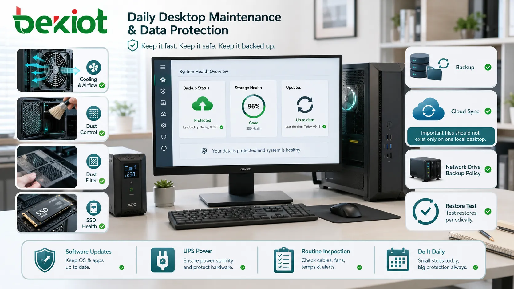 Lista de manutenção de computador desktop com ventilador filtro de poeira saúde do SSD cópia de segurança UPS e painel de atualização de software