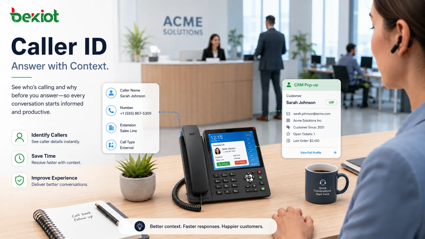 Identificador de chamadas exibindo número nome ramal e pop-up de CRM antes do atendimento