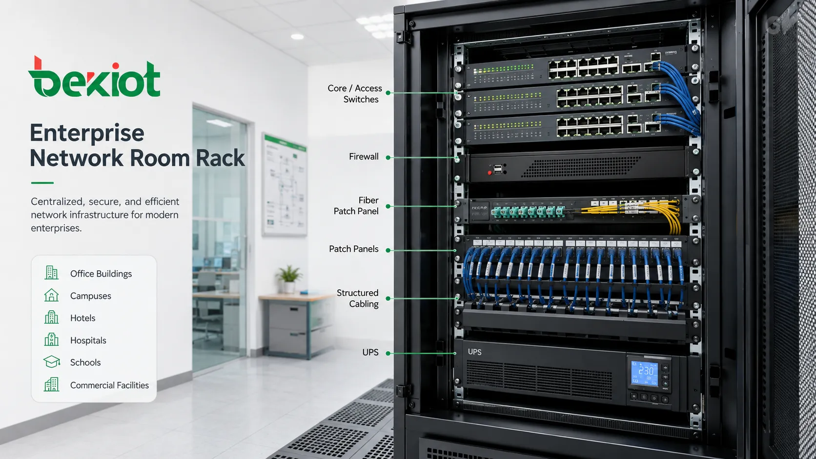 Rack de sala de rede corporativa com switches firewall roteador painel de fibra nobreak etiquetas de cabos e cabeamento estruturado