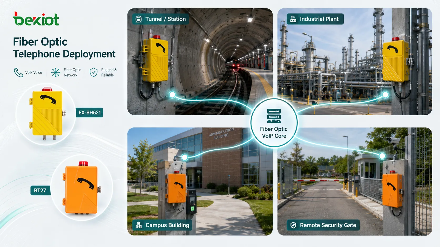 Implantação de telefone de fibra óptica em túnel estação planta industrial edifício de campus e portão remoto de segurança