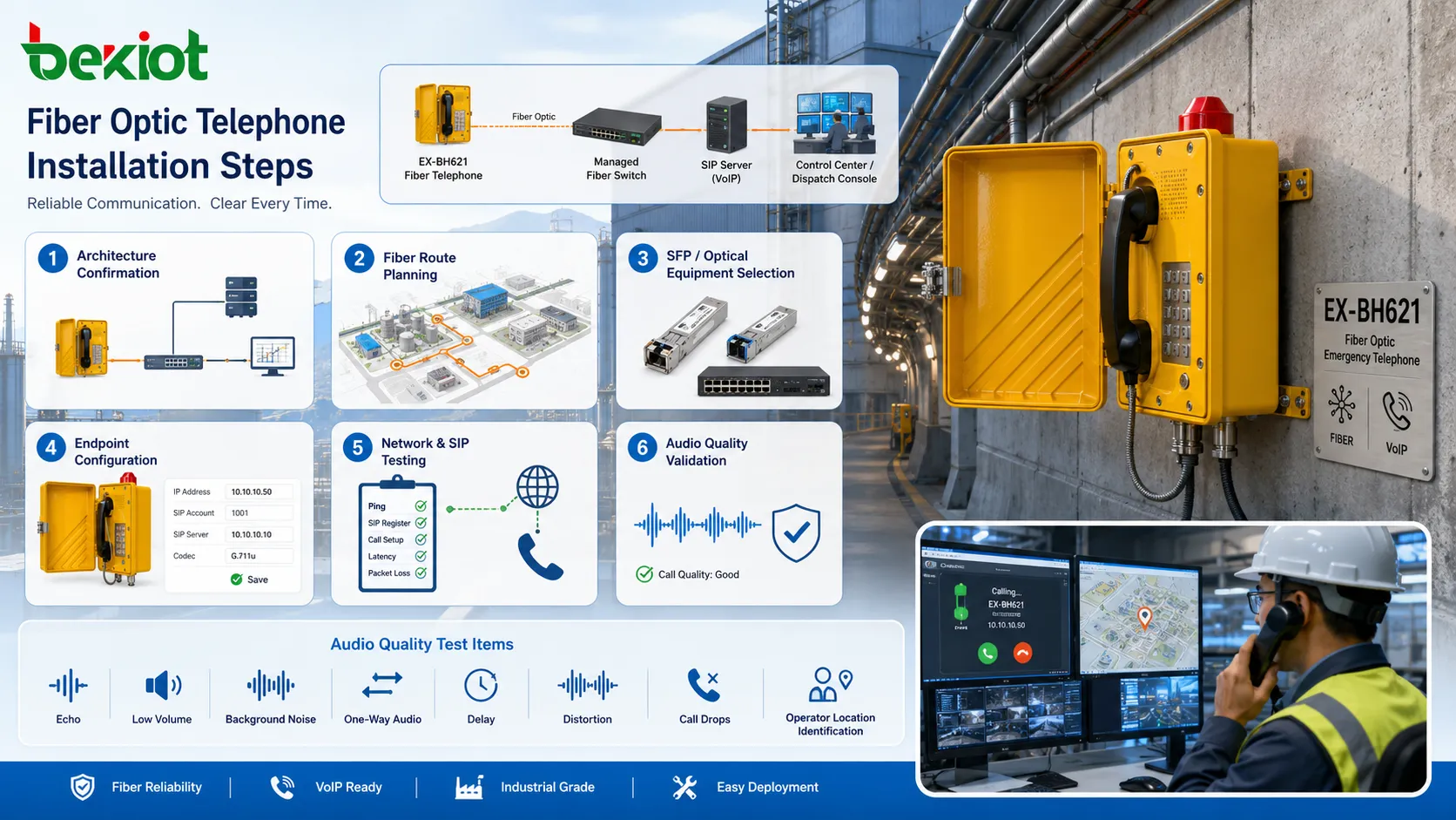 Etapas de instalação de telefone de fibra óptica com planejamento de rota de fibra módulo SFP patch panel teste de telefone SIP e validação de qualidade de áudio