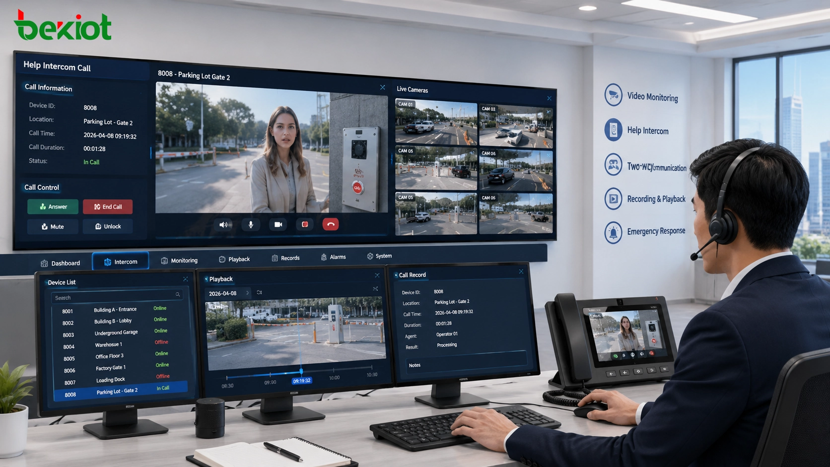 Operador de sala de controle lidando com chamada de interfone de ajuda com verificação de câmera ao vivo e acesso a gravações