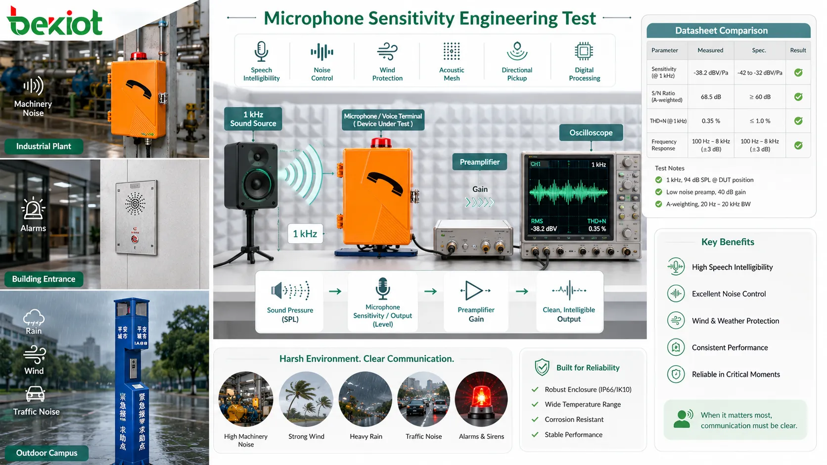 Teste de engenharia de sensibilidade de microfone com câmara acústica, fonte de 1 kHz, pré-amplificador, osciloscópio e comparação de folha de dados