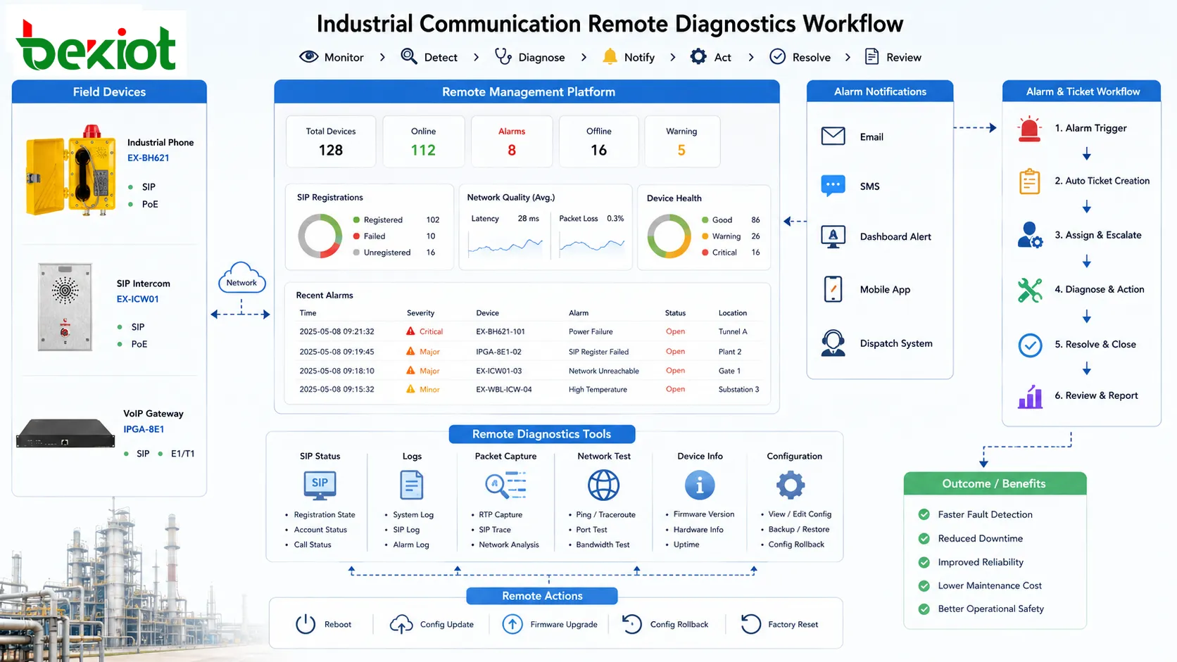 Fluxo de diagnóstico remoto para telefone industrial gateway e intercomunicador com log SIP captura de pacotes ticket de alarme e rollback de configuração