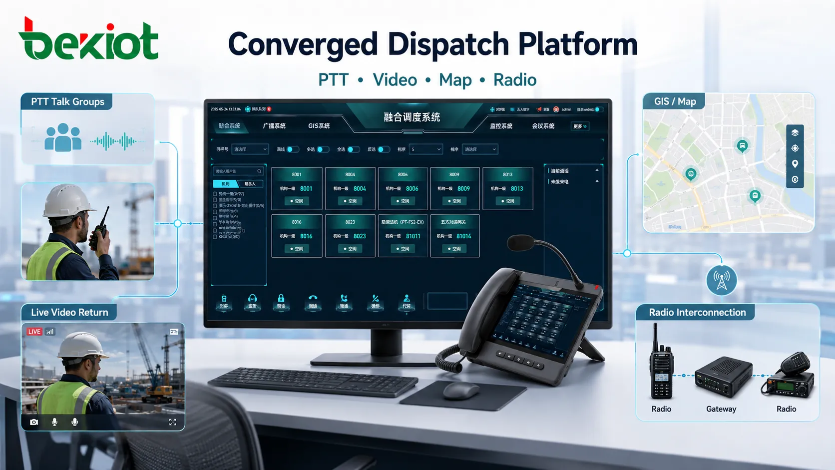 Plataforma de despacho convergente integrando grupos de conversa PTT, retorno de vídeo, mapa eletrônico e interconexão com rádio privado