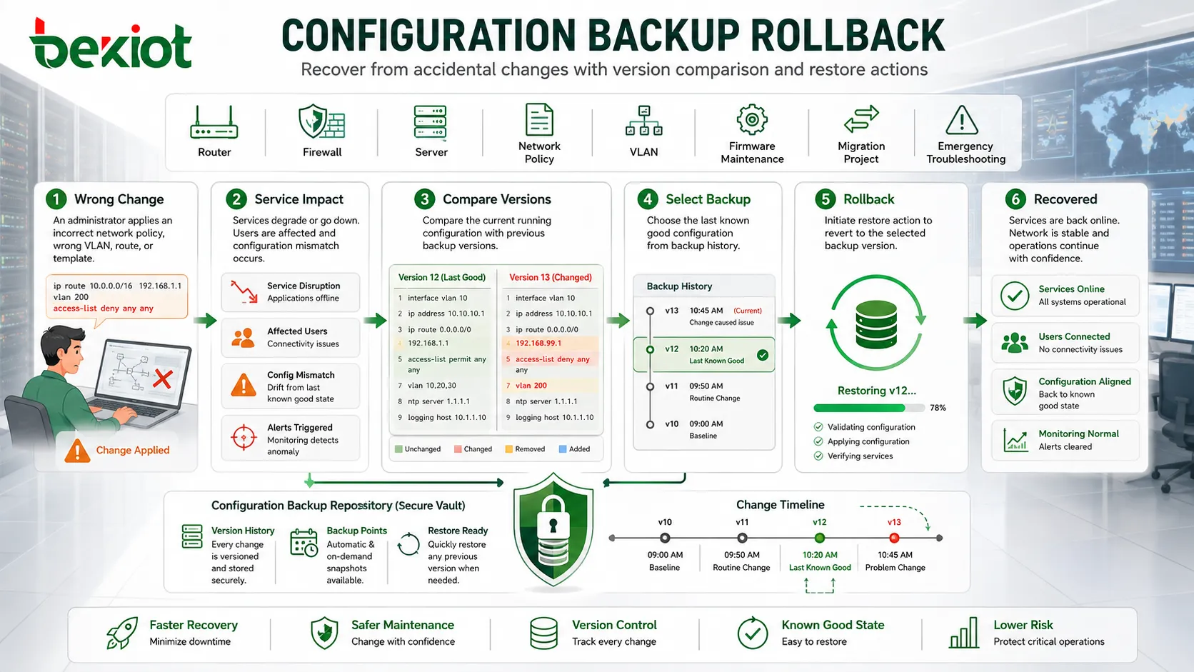 Fluxo de reversão de backup após mudança incorreta de política de rede com comparação de versões e ação de restauração