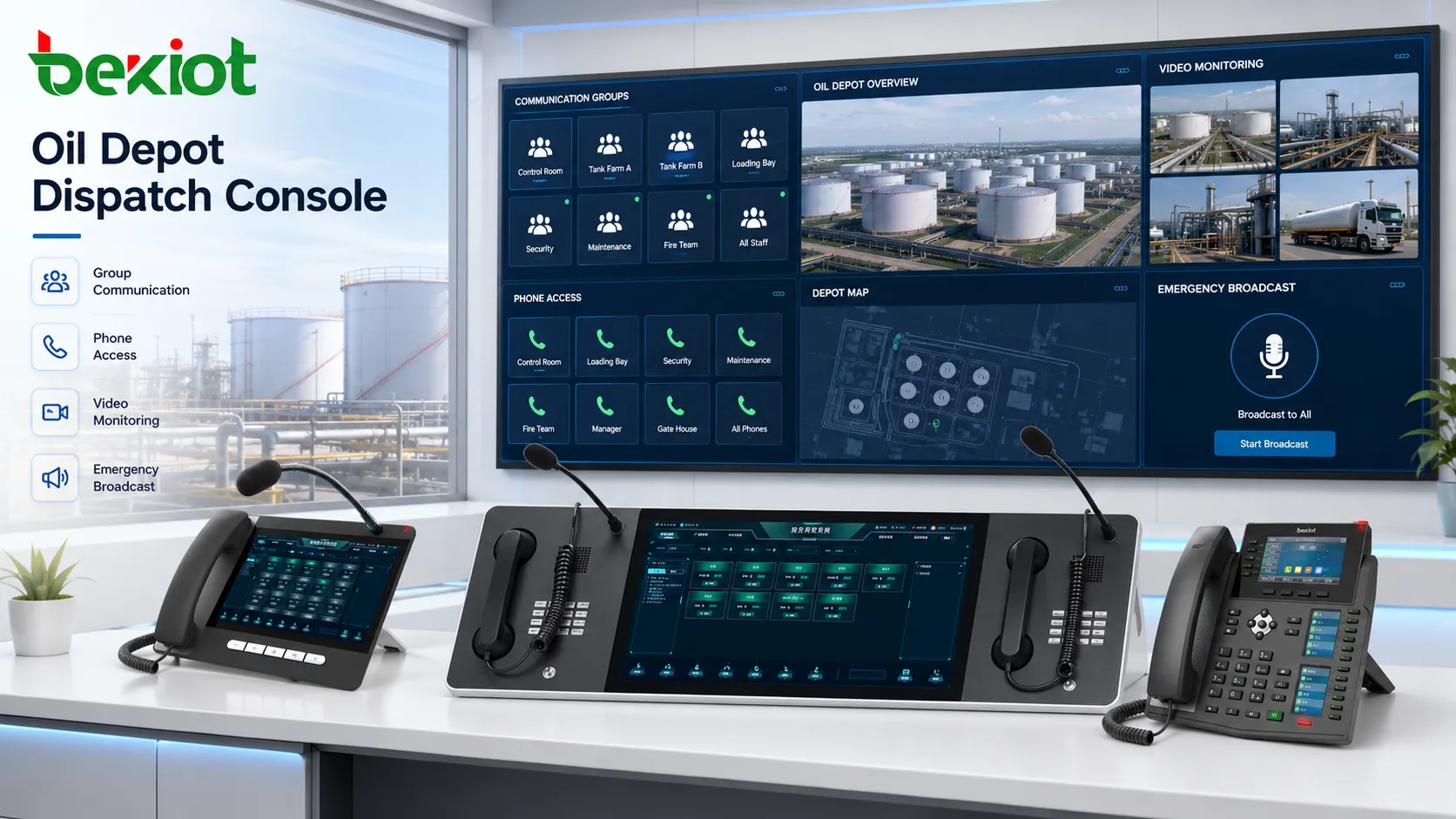 Console de despacho de terminal de petróleo mostrando grupos de comunicação, acesso telefônico, videomonitoramento e controle de transmissão de emergência