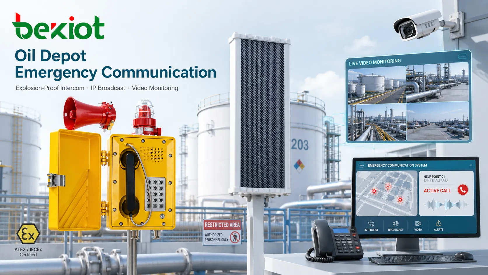 Ponto de ajuda com interfone à prova de explosão, buzina de transmissão IP e videomonitoramento utilizados para comunicação de emergência num terminal de petróleo