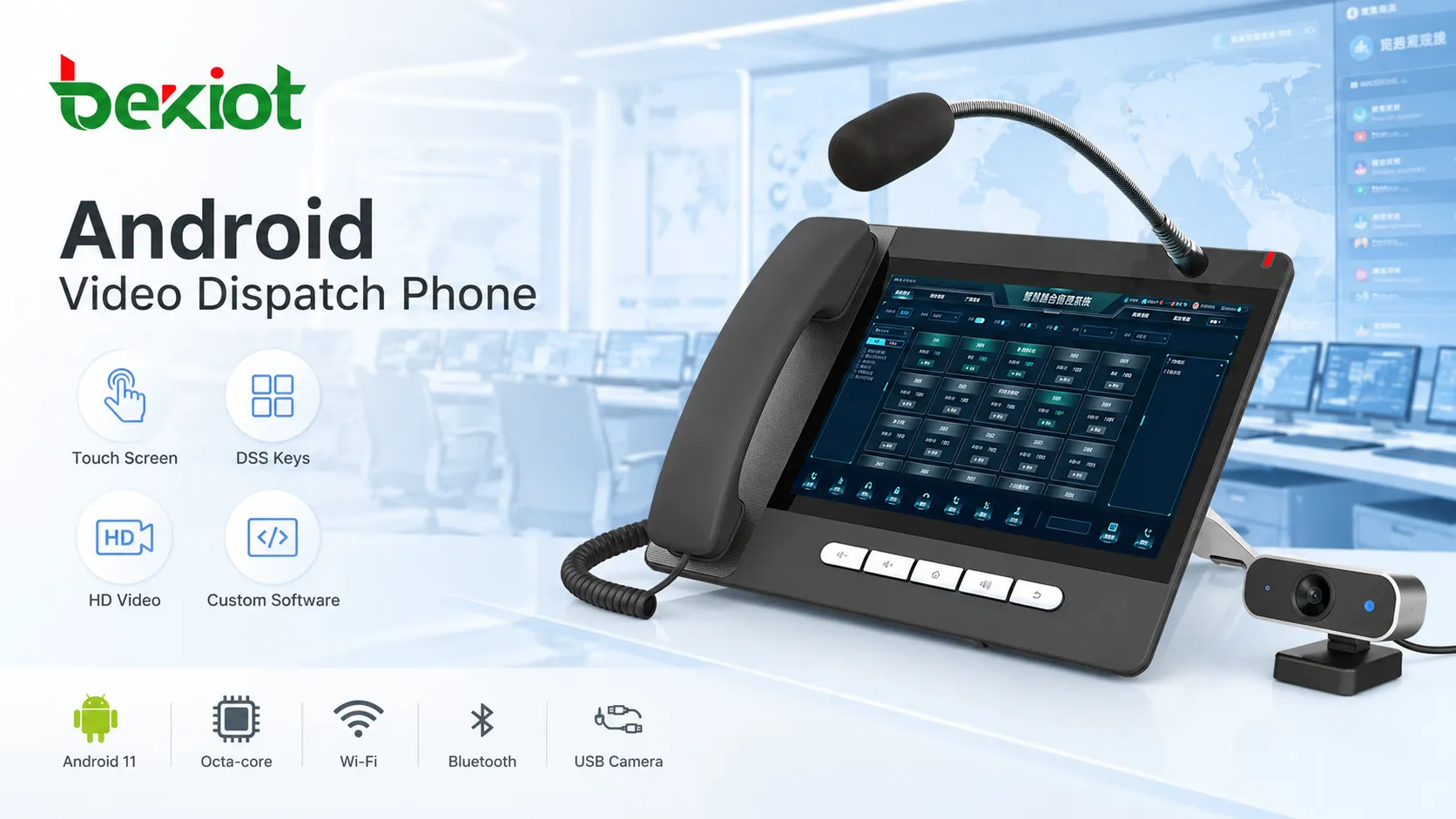 Telefone de despacho por vídeo Android com tela sensível ao toque, microfone de pescoço de cisne, teclas DSS e câmera USB para chamadas de vídeo HD