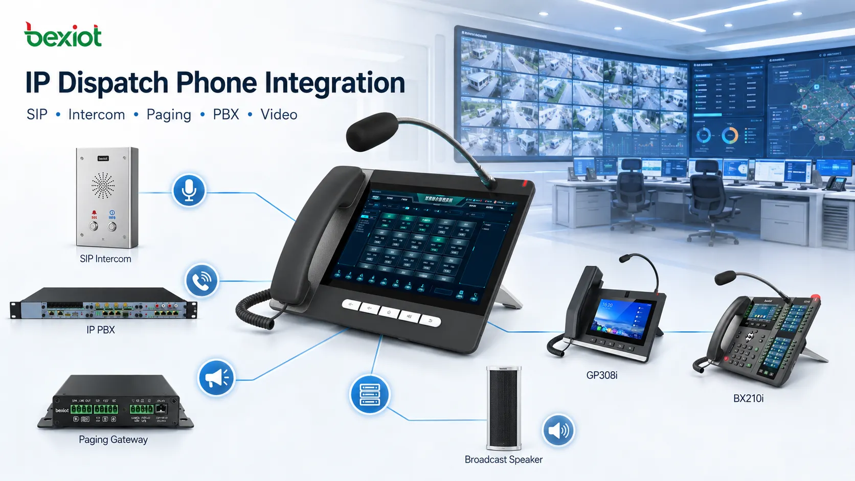 Telefone IP de despacho integrado com interfone SIP, IP PBX, gateway de paging, terminal de vídeo e sala de controle de segurança