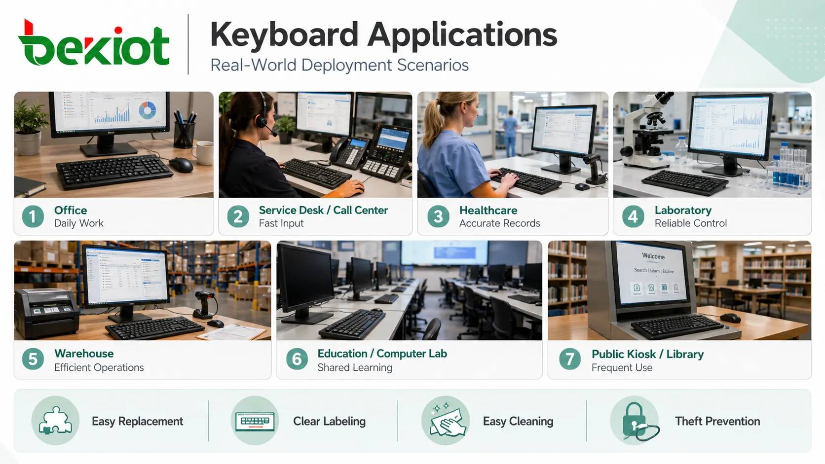 Aplicações de teclado em escritório call center saúde laboratório armazém totem público e laboratório escolar