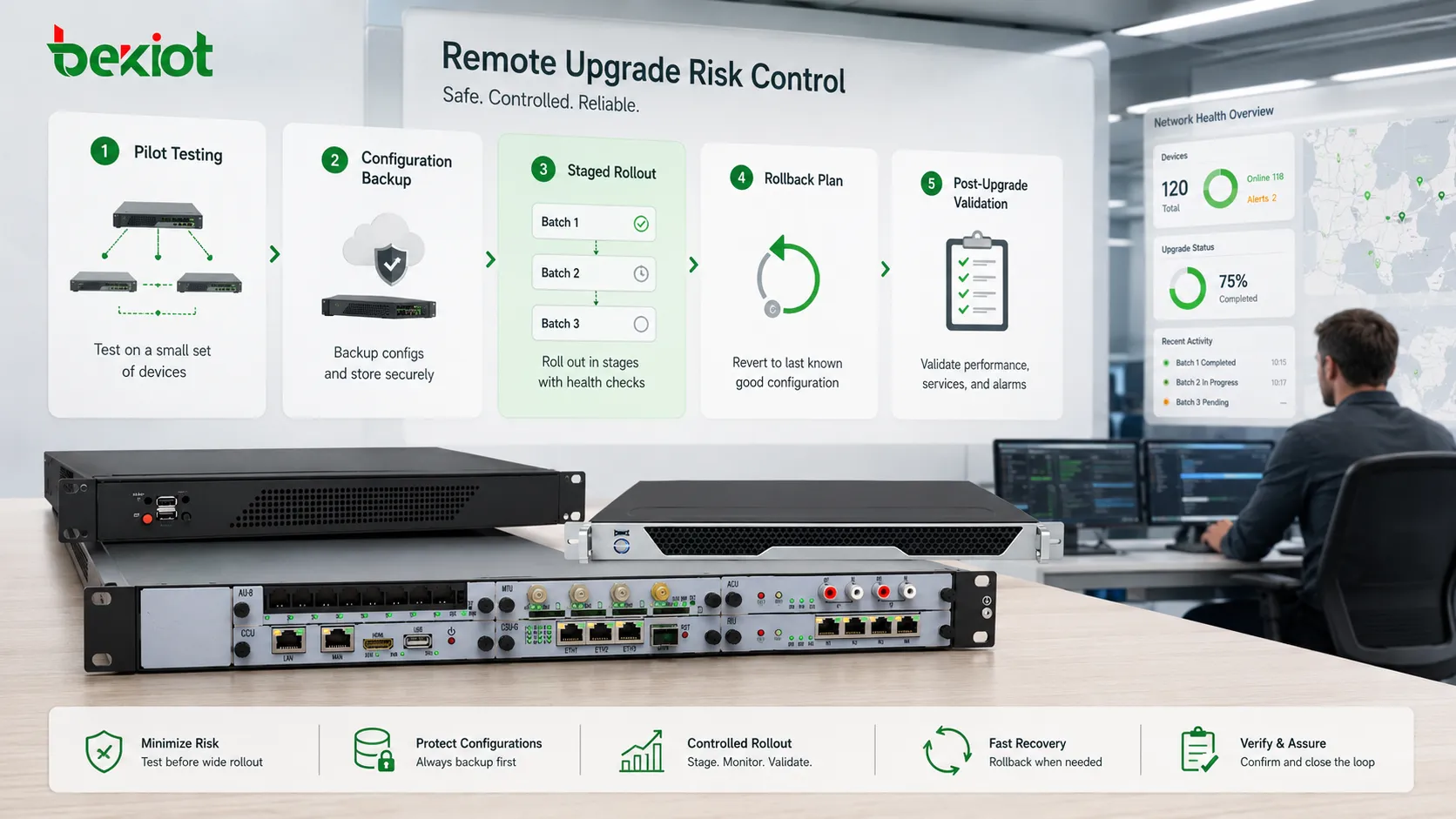 Controle de riscos da atualização remota com teste piloto backup implantação em etapas plano de reversão e lista de validação pós-atualização