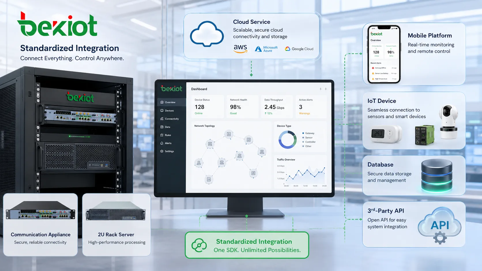 Benefícios de integração do SDK mostrando aplicação conectada a serviço em nuvem, plataforma móvel, dispositivo IoT, banco de dados e API de terceiros