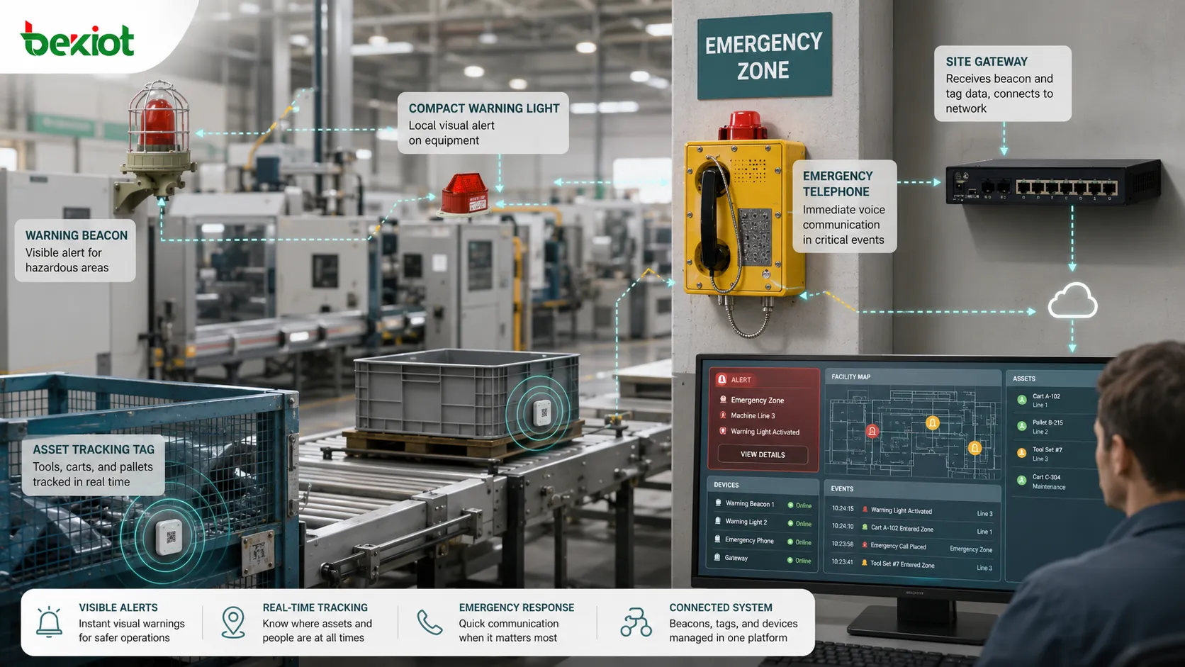 Implementação de baliza industrial mostrando luz de aviso na linha de máquina, zona de emergência, etiqueta de localização de ativo, gateway e painel do operador