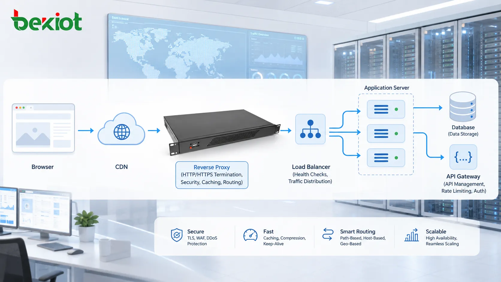 Arquitetura de entrega web HTTP com navegador, CDN, proxy reverso, balanceador de carga, servidor de aplicação, banco de dados e gateway de API