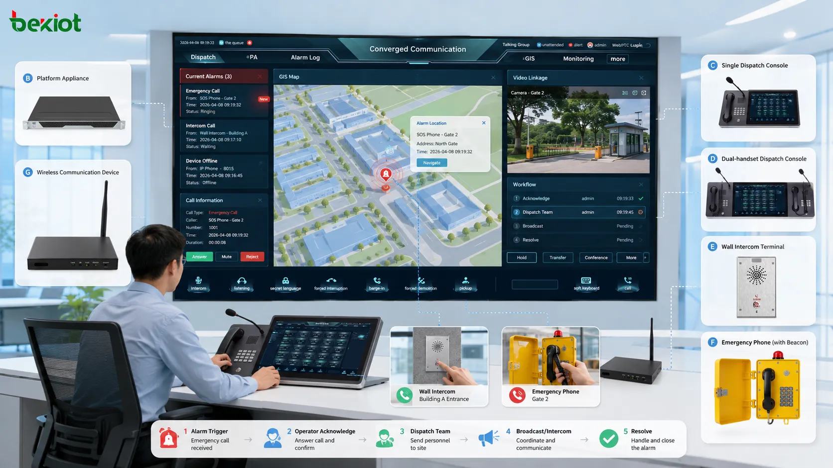 Monitoramento de despacho integrado com chamada de voz vínculo de vídeo mapa GIS pop-up de alarme e fluxo de resposta do operador