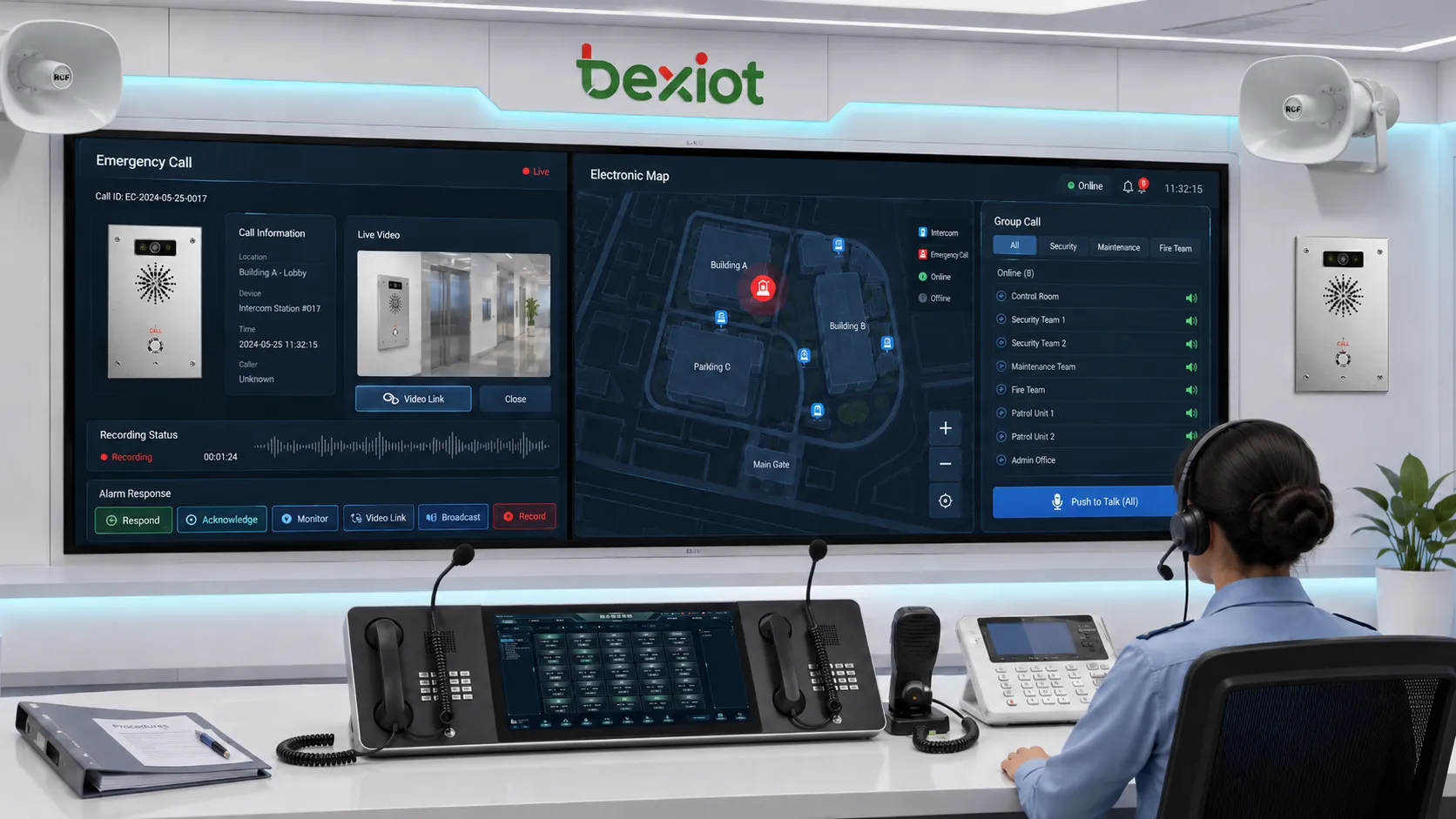 Interface de comando de despacho mostrando pop-up de emergência vínculo de vídeo mapa eletrônico status de gravação chamada em grupo e botões de resposta a alarmes