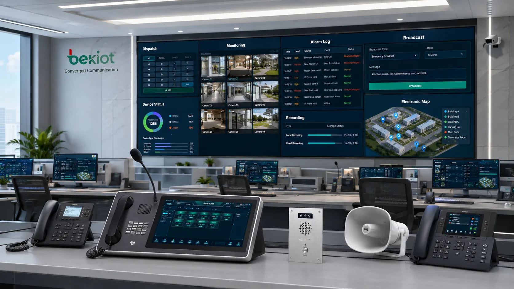 Centro de comando multimídia com console de despacho telefones IP intercomunicador de emergência alto-falante de transmissão vínculo de alarme tela de vídeo e mapa eletrônico