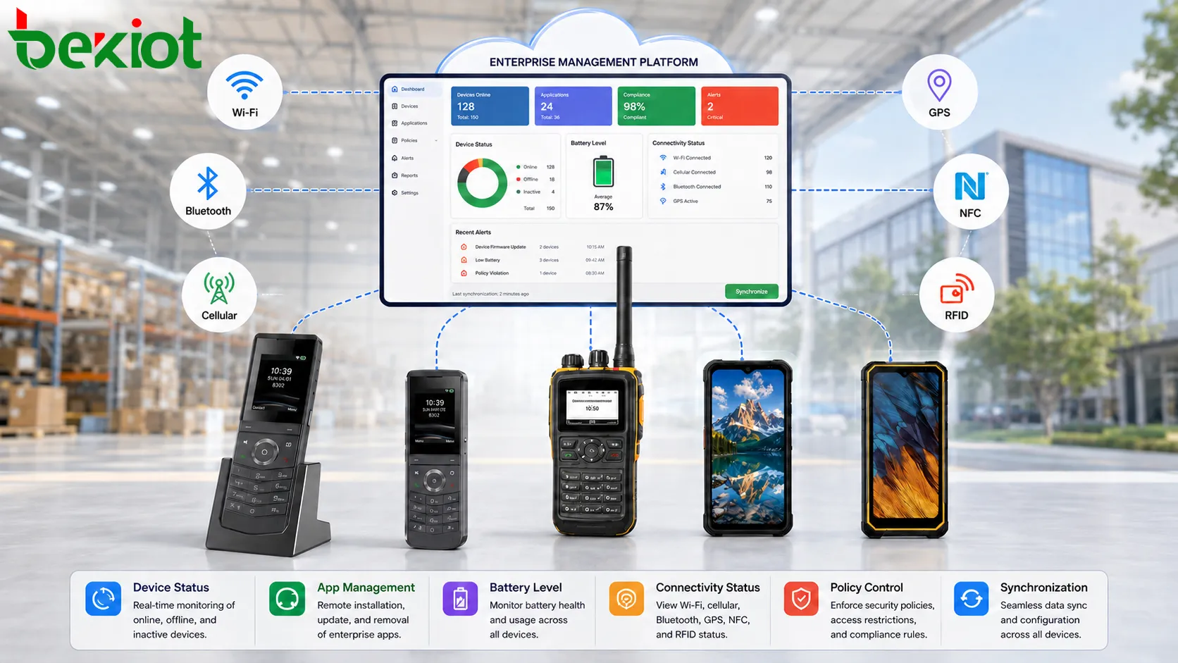 Diagrama de conectividade de dispositivo portátil mostrando Wi-Fi, Bluetooth, celular, GPS, NFC, RFID e plataforma de gestão empresarial