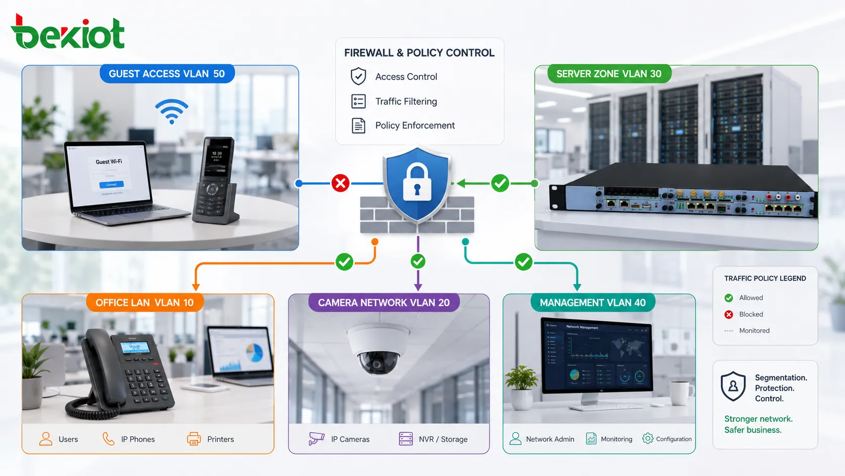 Segmentação de segurança de rede mostrando acesso de visitantes LAN de escritório rede de câmeras zona de servidores VLAN de gerenciamento e controle por política de firewall