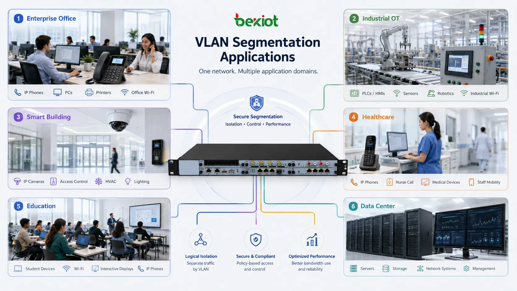 Aplicações de segmentação VLAN em escritório corporativo OT industrial edifício inteligente saúde educação e projeto de rede de data center