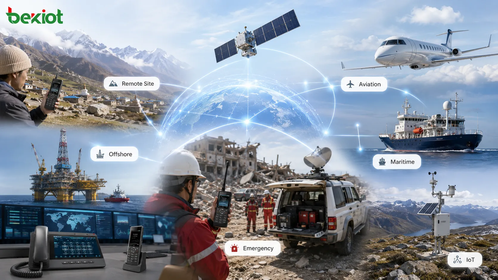 casos de uso de comunicação via satélite com aldeia remota, plataforma offshore, aeronave, navio, veículo de resposta a desastres e rede de sensores IoT