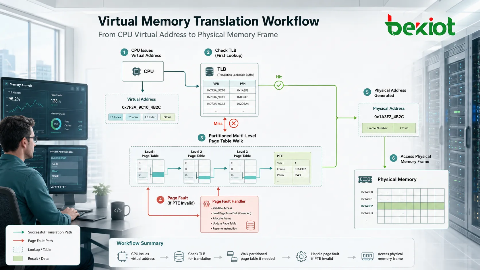 Fluxo de tradução de memória virtual com endereço da CPU, busca TLB, percurso da tabela e quadro físico