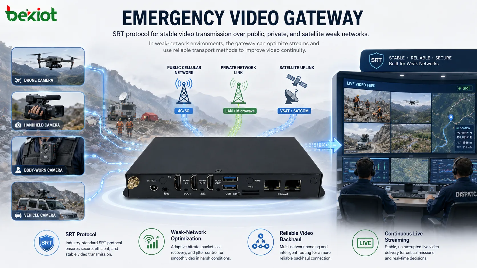 Gateway de vídeo de emergência usando o protocolo SRT para transmissão estável de vídeo sobre redes públicas, privadas e via satélite fracas