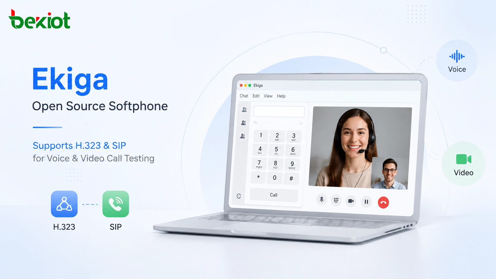 Softphone de código aberto Ekiga com suporte a H.323 e SIP para testes de chamadas de voz e vídeo