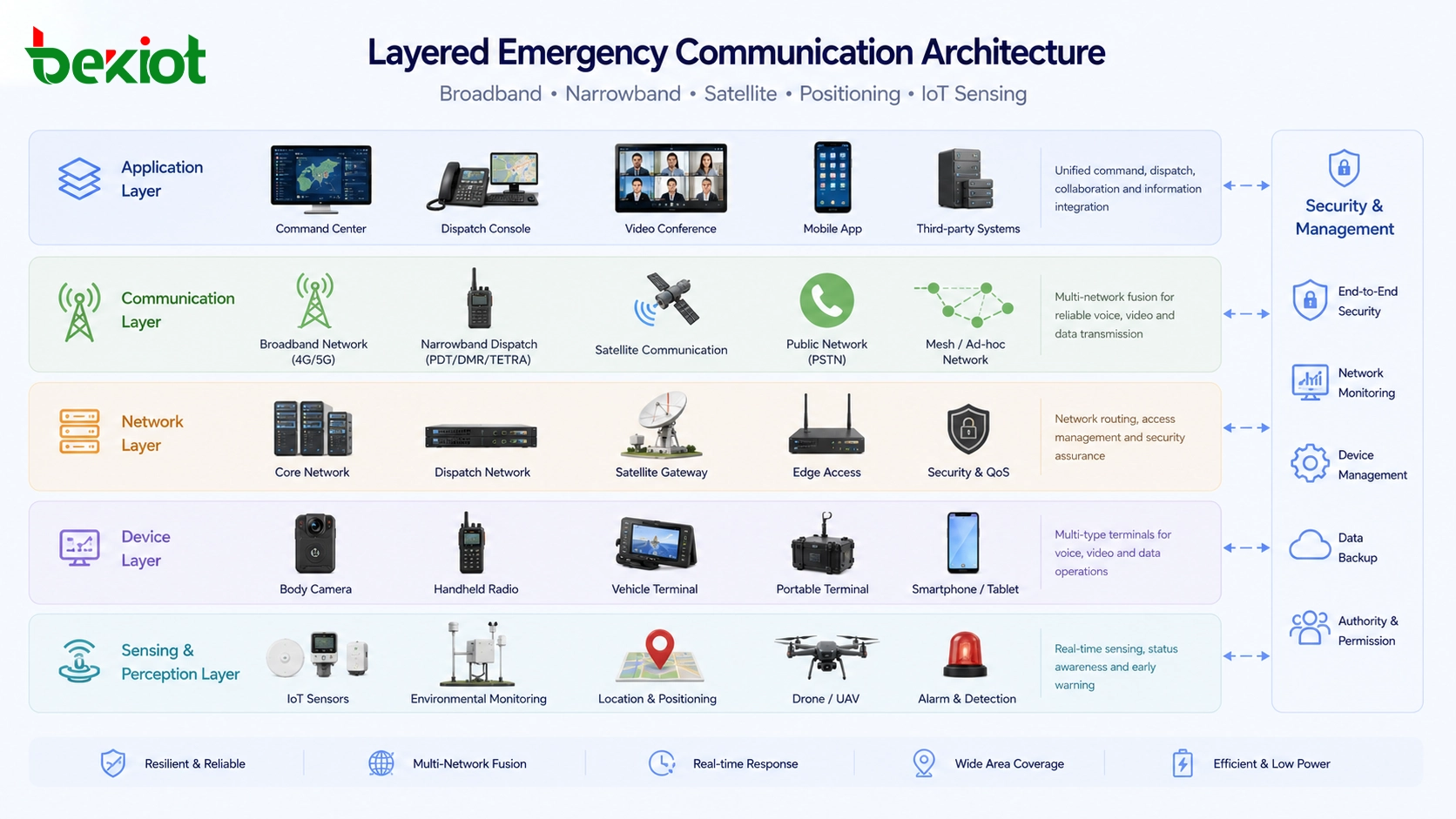 Arquitetura de comunicação de emergência em camadas com redes de banda larga, despacho de banda estreita, enlaces via satélite e sensoriamento IoT