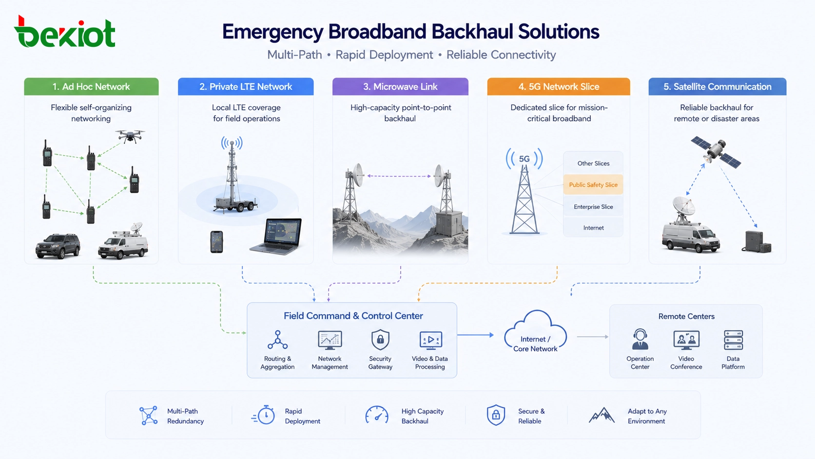 Backhaul de banda larga de emergência usando rede ad hoc, rede privada LTE, enlace de micro-ondas, fatiamento 5G e comunicação por satélite