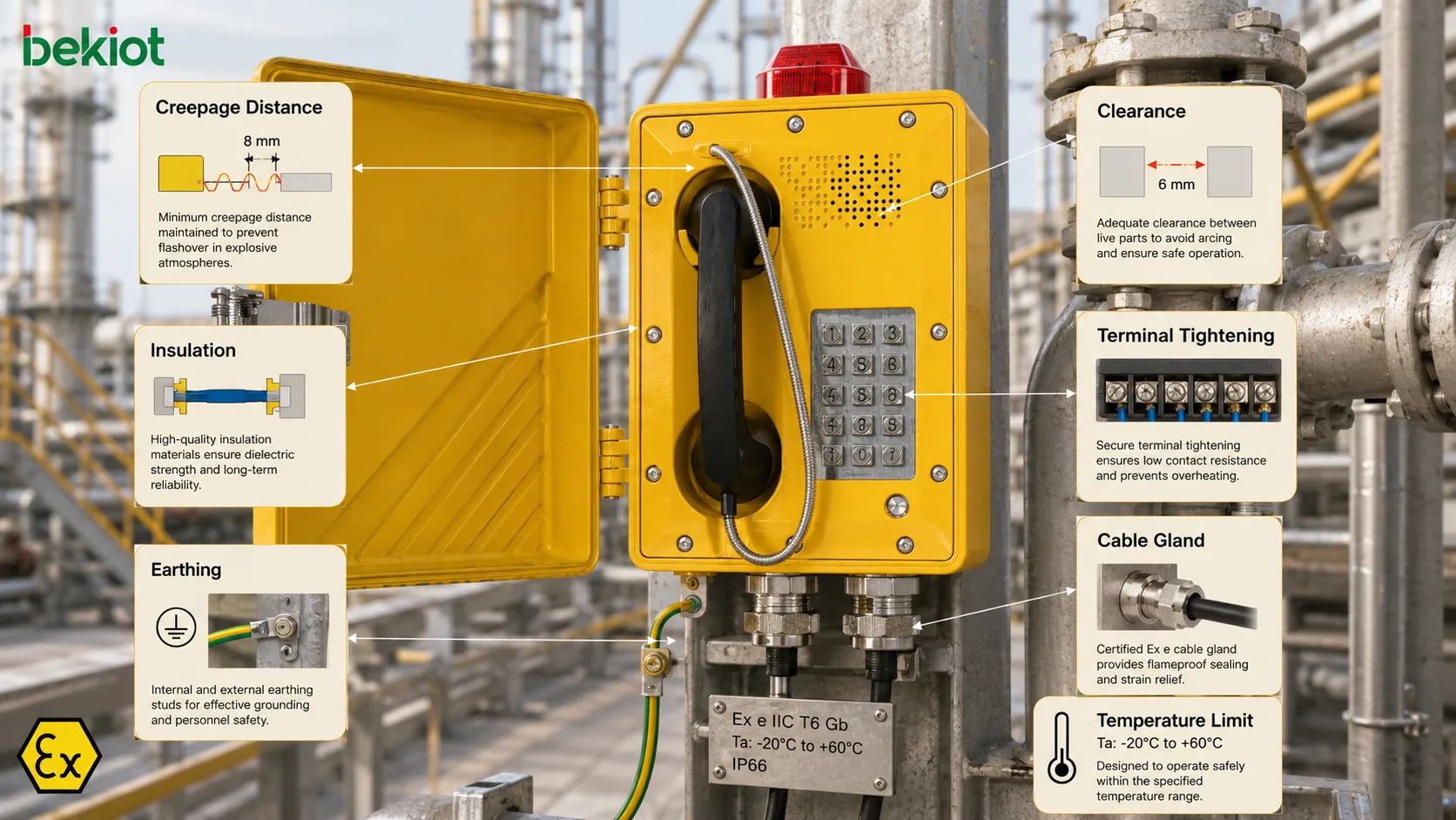 Diagrama técnico da câmara de terminais Ex e mostrando distância de escoamento isolamento aperto do terminal prensa-cabo aterramento e limite de temperatura