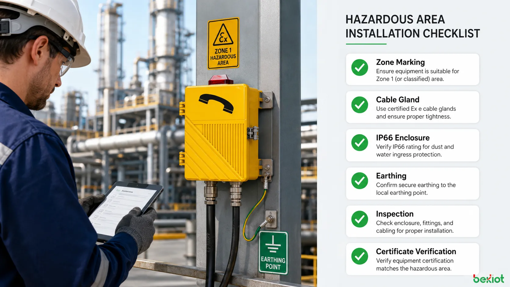 Checklist de instalação em área perigosa para equipamento Ex e com classificação de zona marcação Ex prensa-cabo invólucro IP66 aterramento inspeção e verificação do certificado
