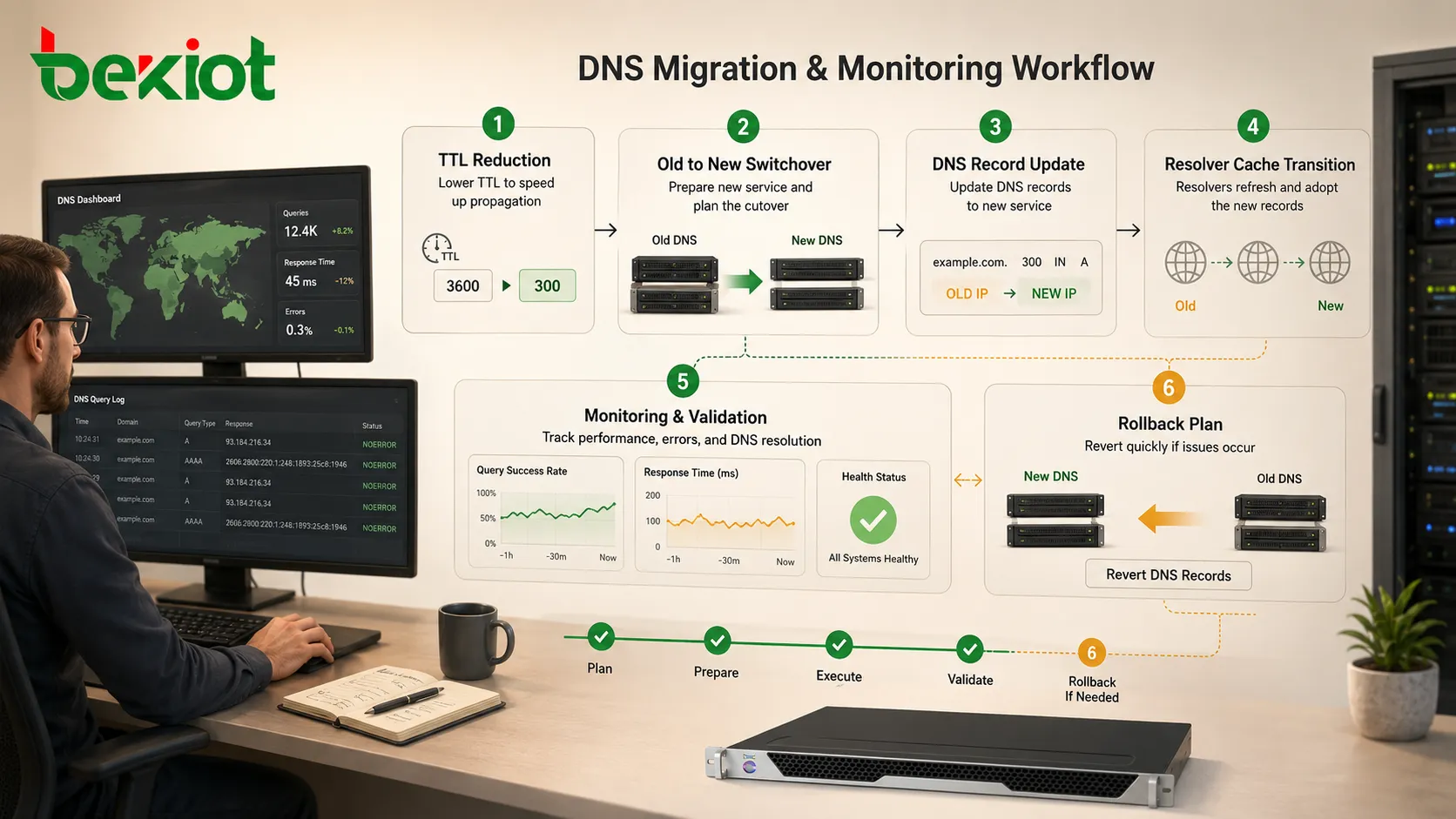 Fluxo de migração DNS com redução de TTL, servidor antigo, novo servidor, atualização de registro, cache do resolvedor, monitoramento e plano de reversão