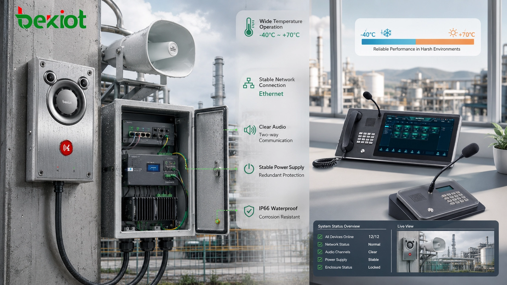Dispositivo de comunicação industrial em operação de ampla faixa de temperatura mostrando gabinete externo Ethernet módulo de alimentação alto-falante microfone ciclos térmicos e plataforma de monitoramento remoto