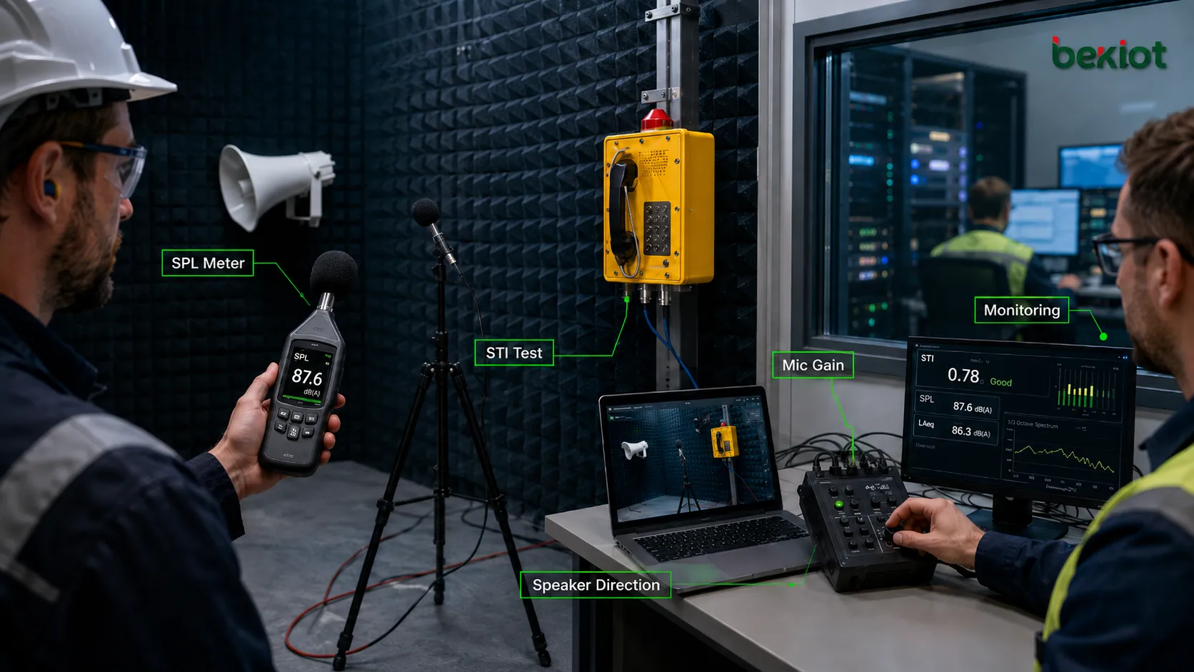 Comissionamento de redução acústica de ruído com medidor de nível sonoro teste de inteligibilidade ajuste de ganho direção do alto-falante e monitoramento de sala de controle
