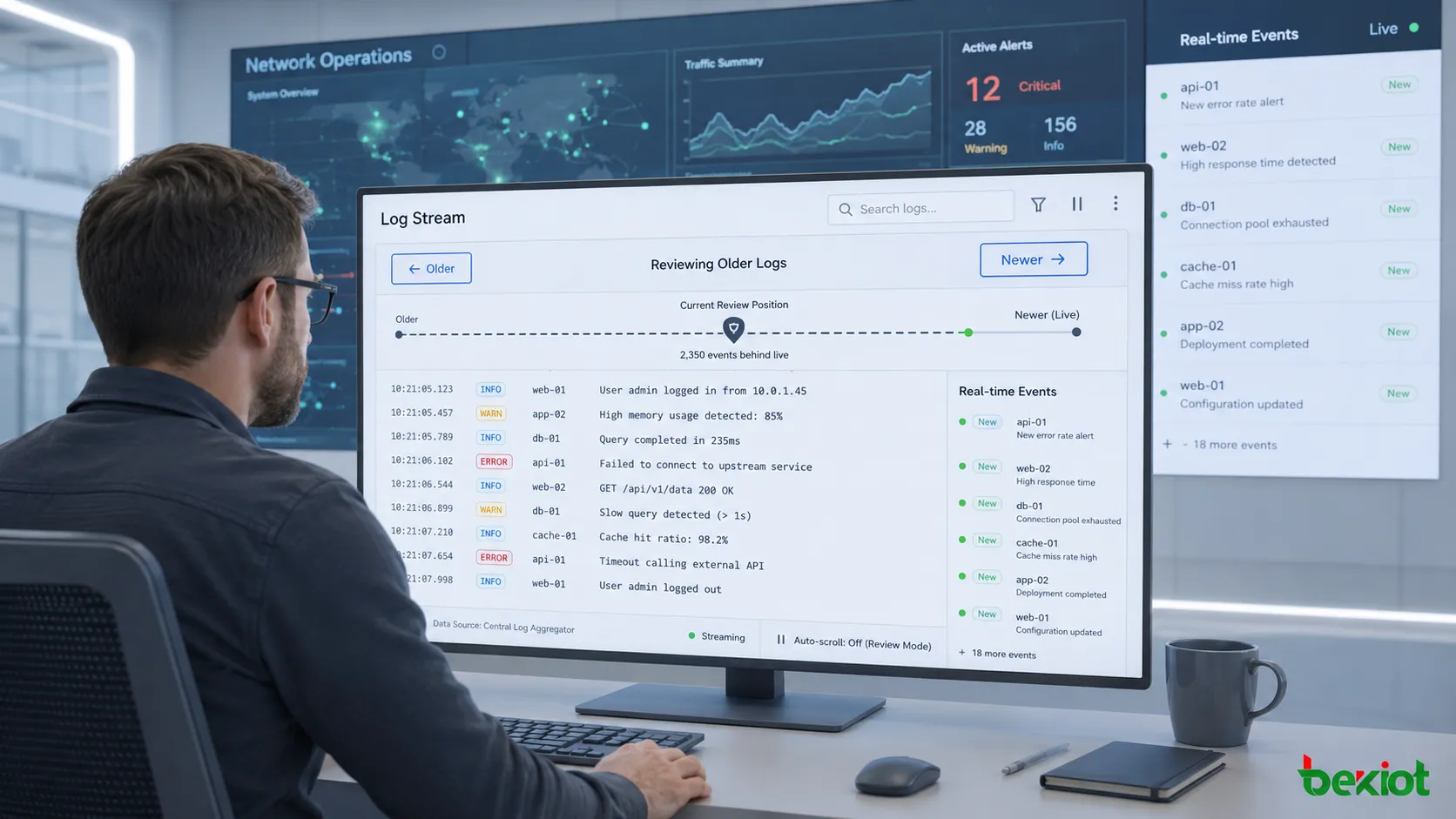 Paginação direcional em painel de monitoramento com fluxo de logs, cursor, eventos em tempo real e posição estável