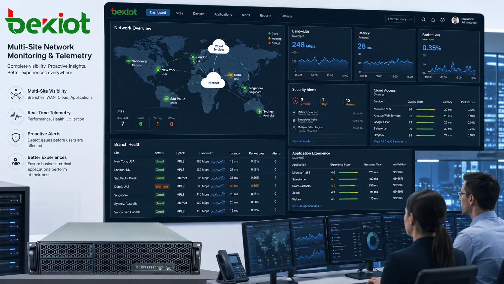 Painel de monitoramento de rede multisite com saúde de links, largura de banda, latência, perda de pacotes, alertas de segurança, acesso cloud e experiência de aplicações