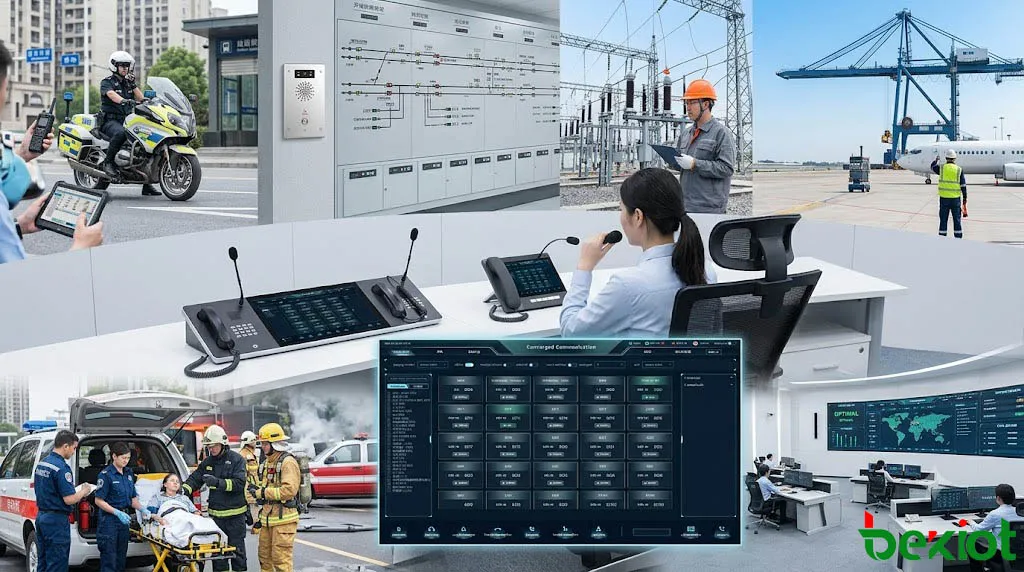 Aplicações industriais do despacho de rádio em rede mostrando segurança pública, utilidades, ferrovia, mineração, porto, aeroporto e centro de comando de emergência