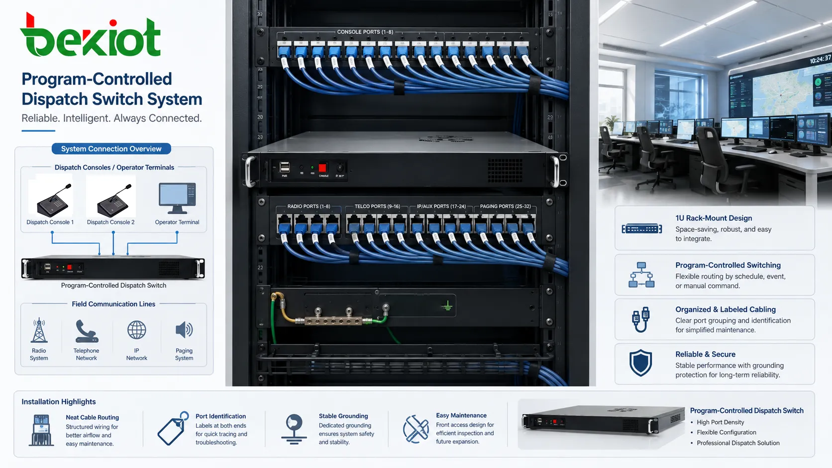 Instalação de comutador de despacho programável com rack portas etiquetadas rotas de cabo aterramento e conexão a consoles