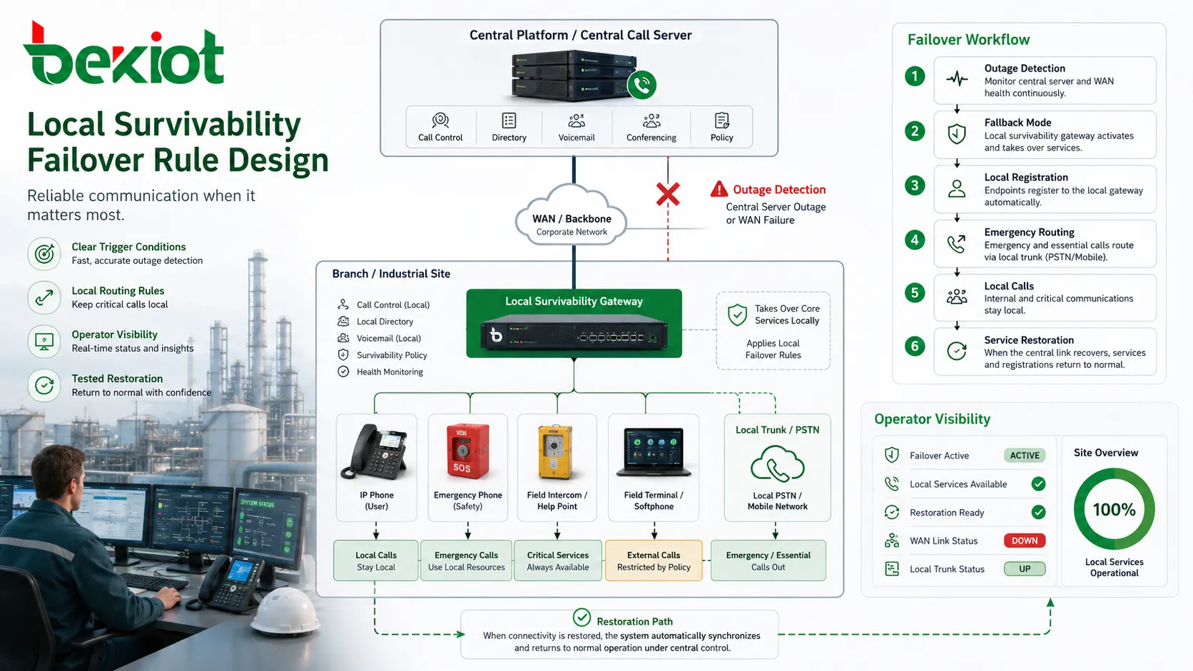 Desenho de regras de failover de sobrevivência local com detecção de falha do servidor central registro local roteamento de emergência e restauração de serviço