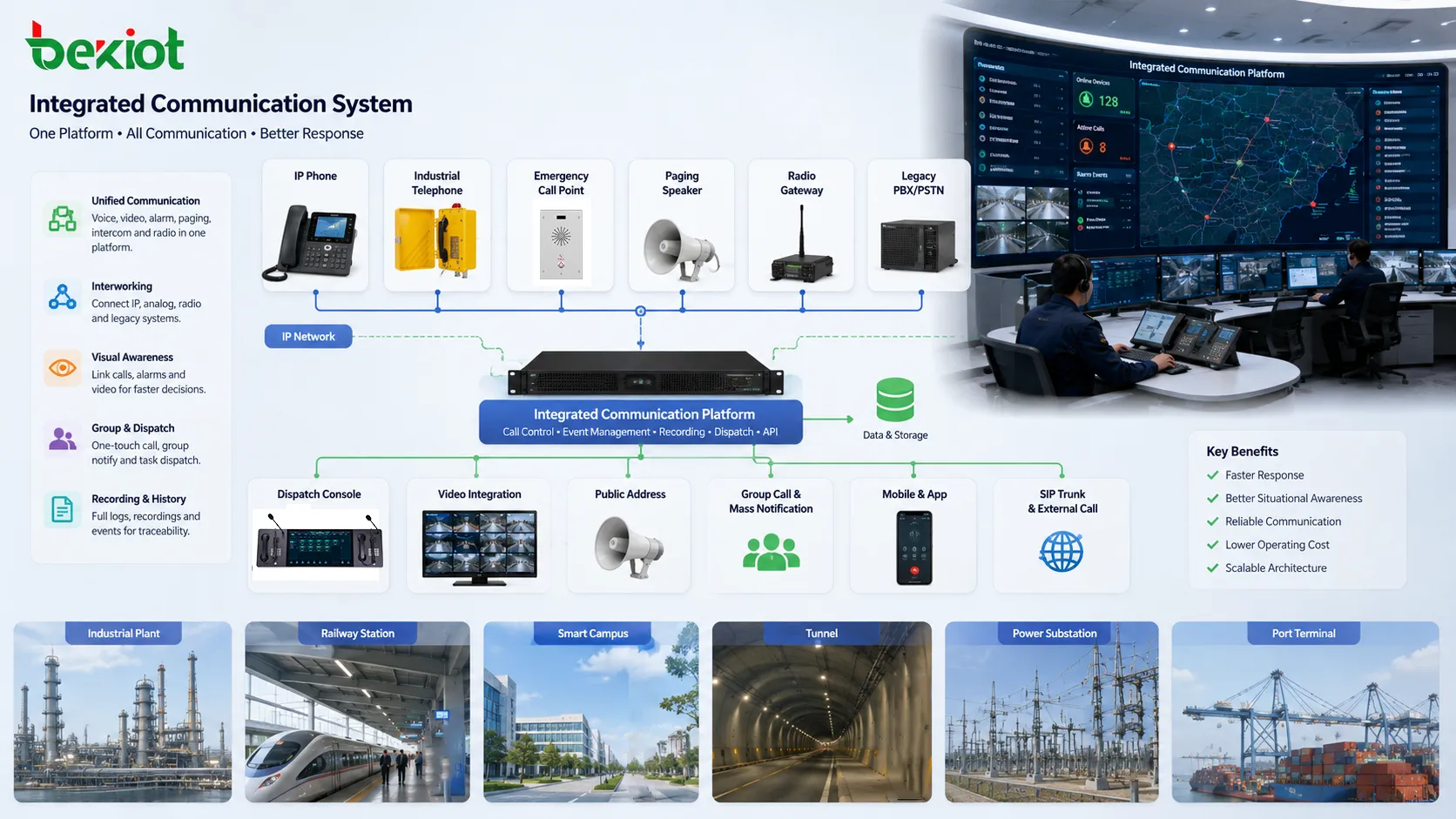 Sistema de comunicação integrado conectando telefones industriais, pontos de chamada de emergência, alto-falantes de paging, gateway de rádio, console de despacho e plataforma do centro de controle