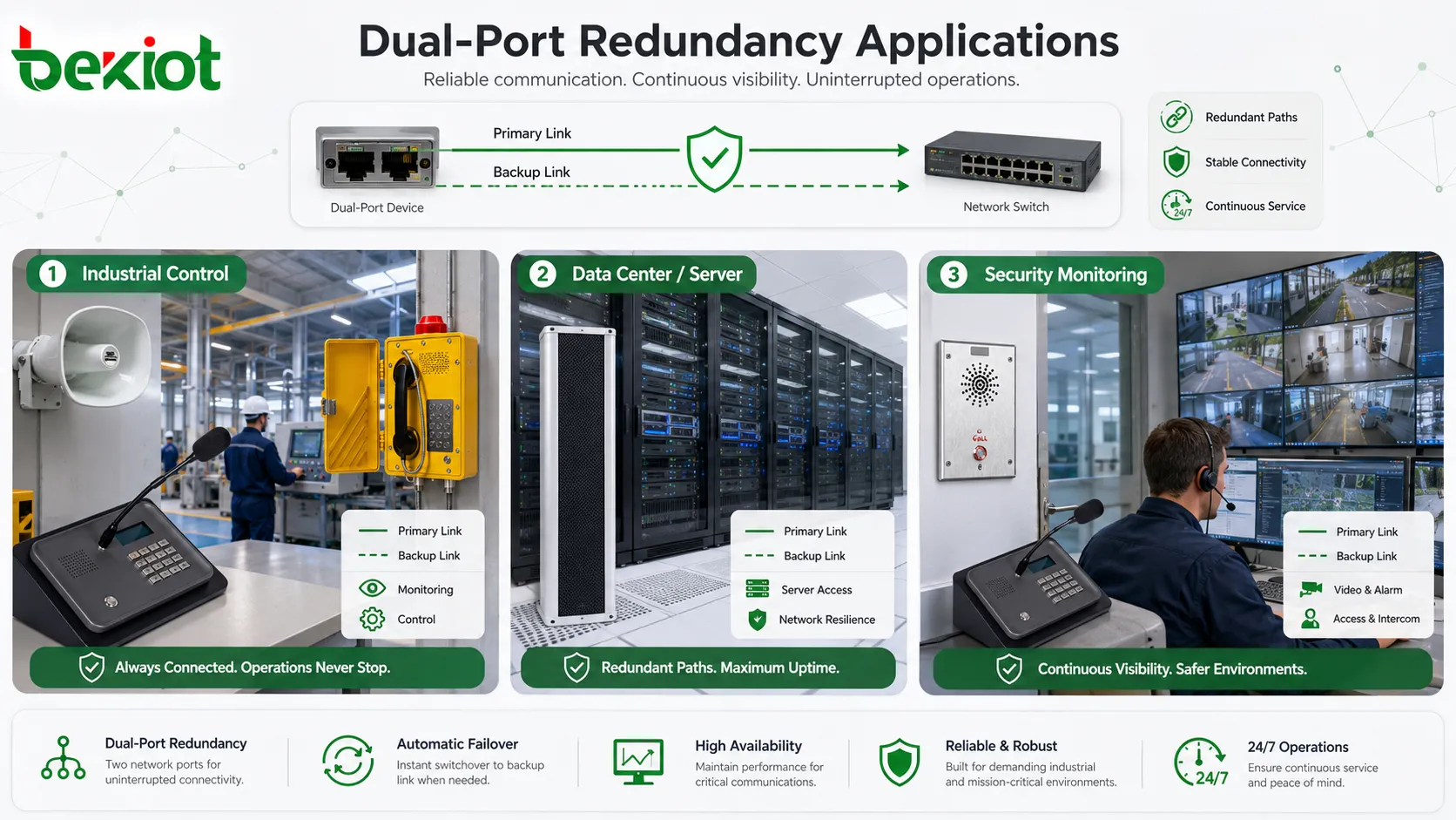 Aplicações da redundância de porta dupla em controle industrial, plataformas de comunicação, servidores de data center e monitoramento de segurança