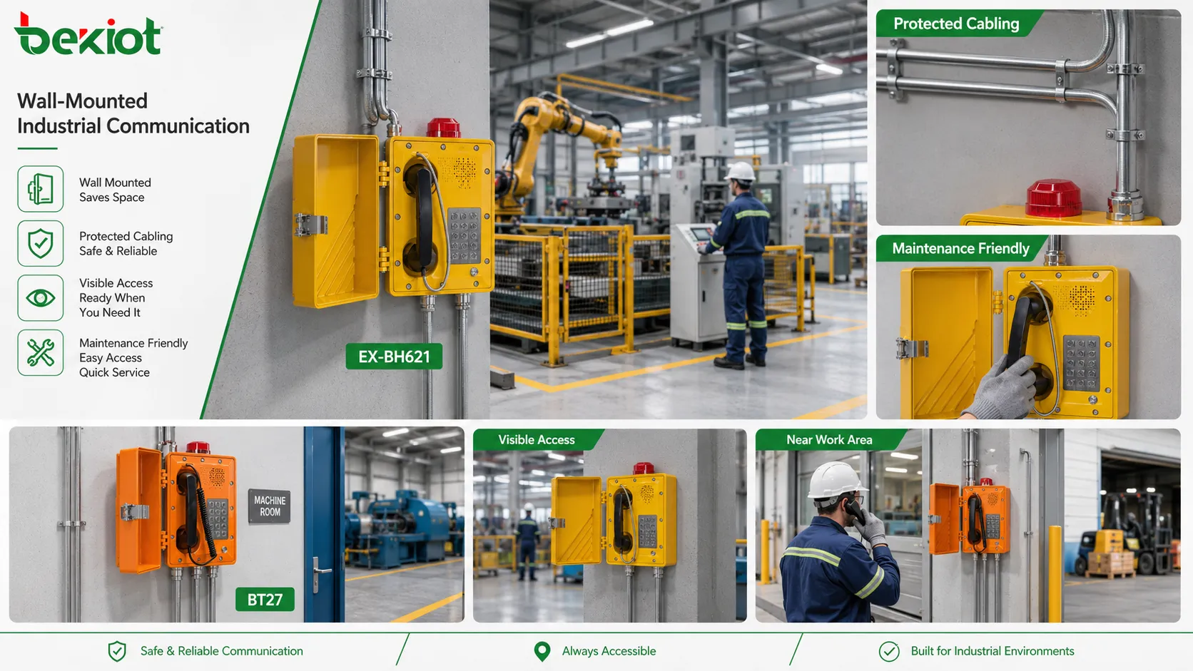 Ponto de comunicação industrial de parede com telefone robusto, alojamento protegido, entrada de cabo fixa e acesso visível perto da área de produção