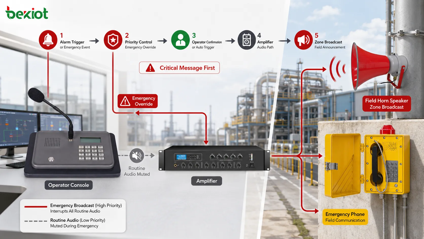 Diagrama do sistema de paging industrial com sistema de paging industrial, substituição de emergência, acionamento de alarme, evacuação, operador, prioridade e o caminho de anúncio em campo