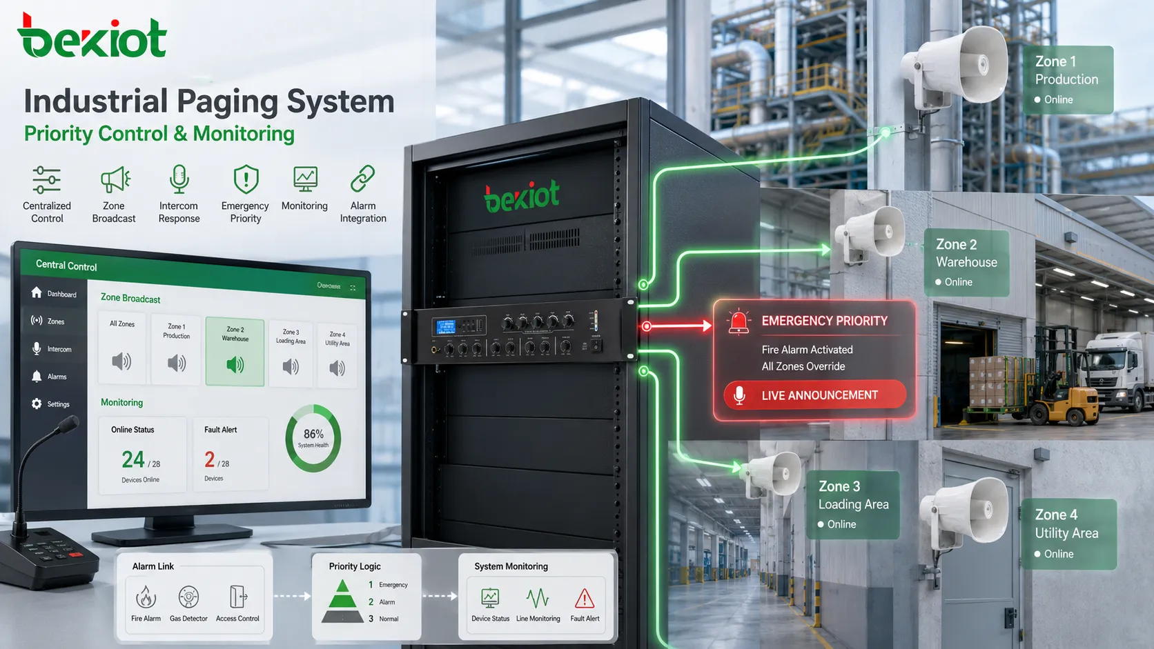 Diagrama do sistema de paging industrial com sistema de paging industrial, controle centralizado, monitoramento, interfone, prioridade, resposta e o caminho de anúncio em campo