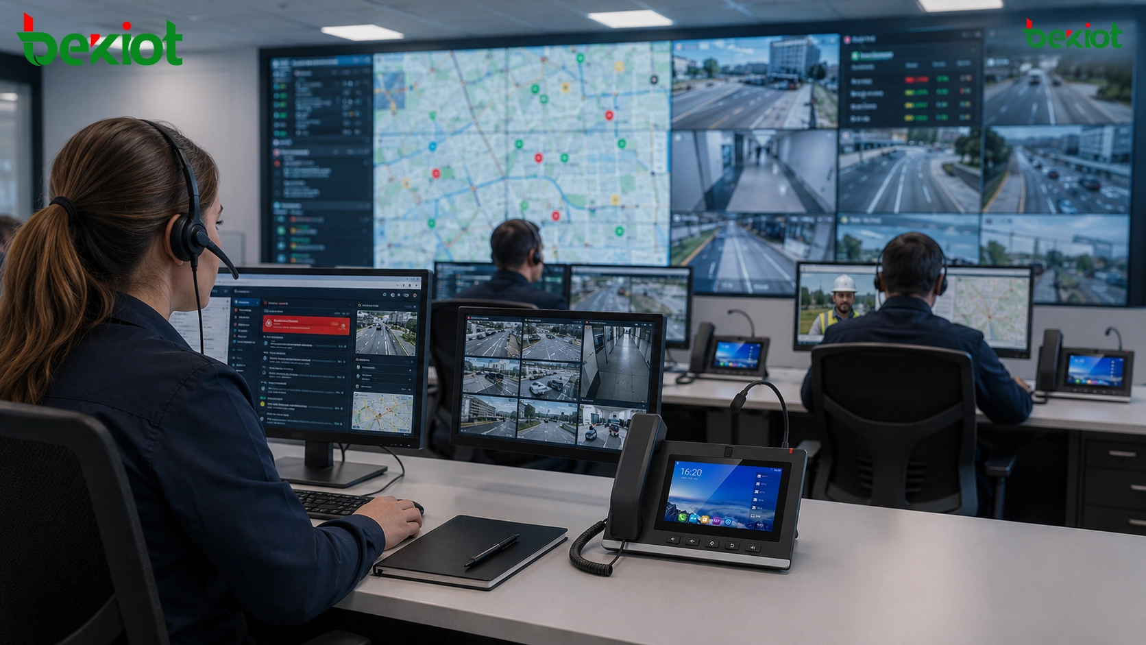 Centro de comando de emergência usando videotelefones para despacho visual, verificação de alarmes, comunicação de campo e coordenação multimídia