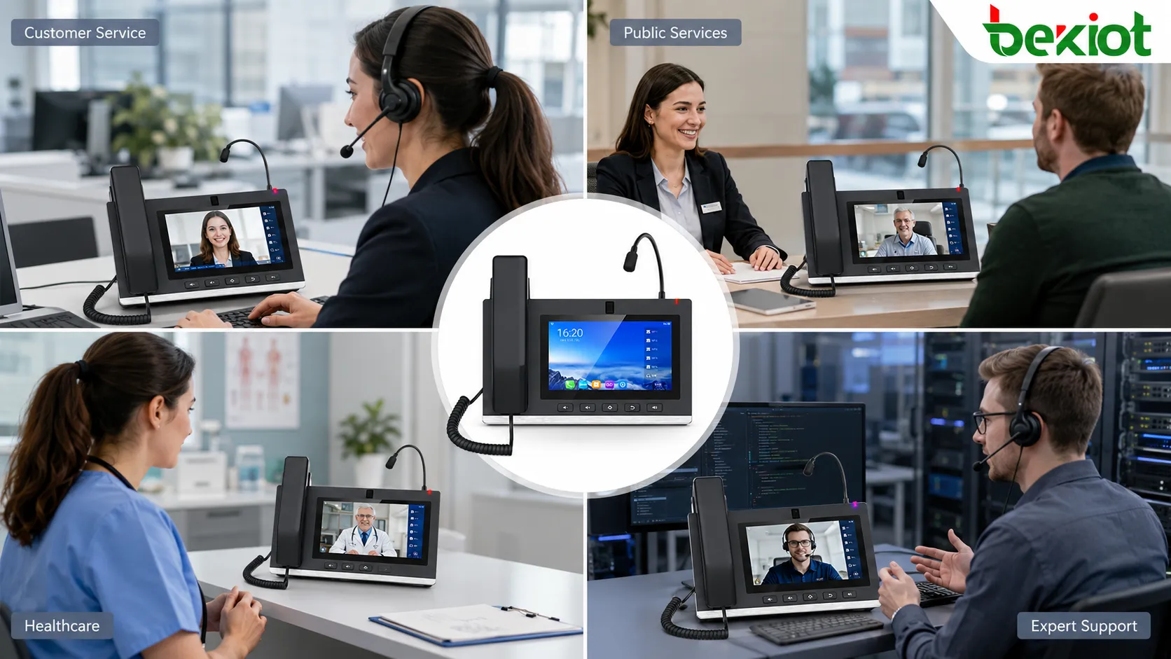 Videotelefones usados em atendimento ao cliente, consulta remota, serviços públicos, saúde e cenários de suporte especializado